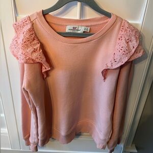 Vineyard Vines Peachy Pink Crewneck Sweatshirt + Whale Logo, Eyelet Lace Detail